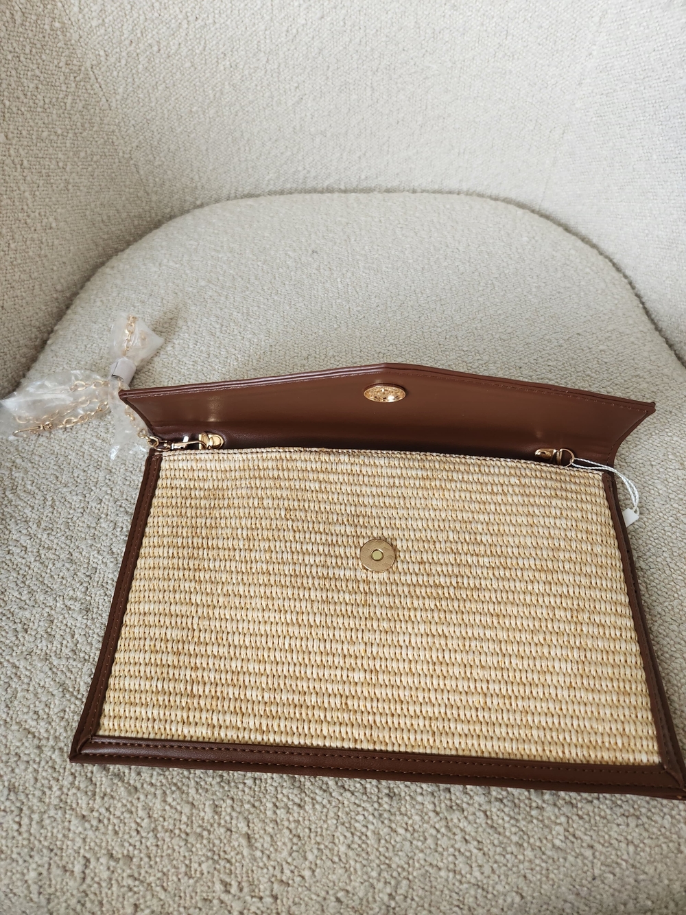 Aqua Beige Woven Straw Clutch with Brown Trim